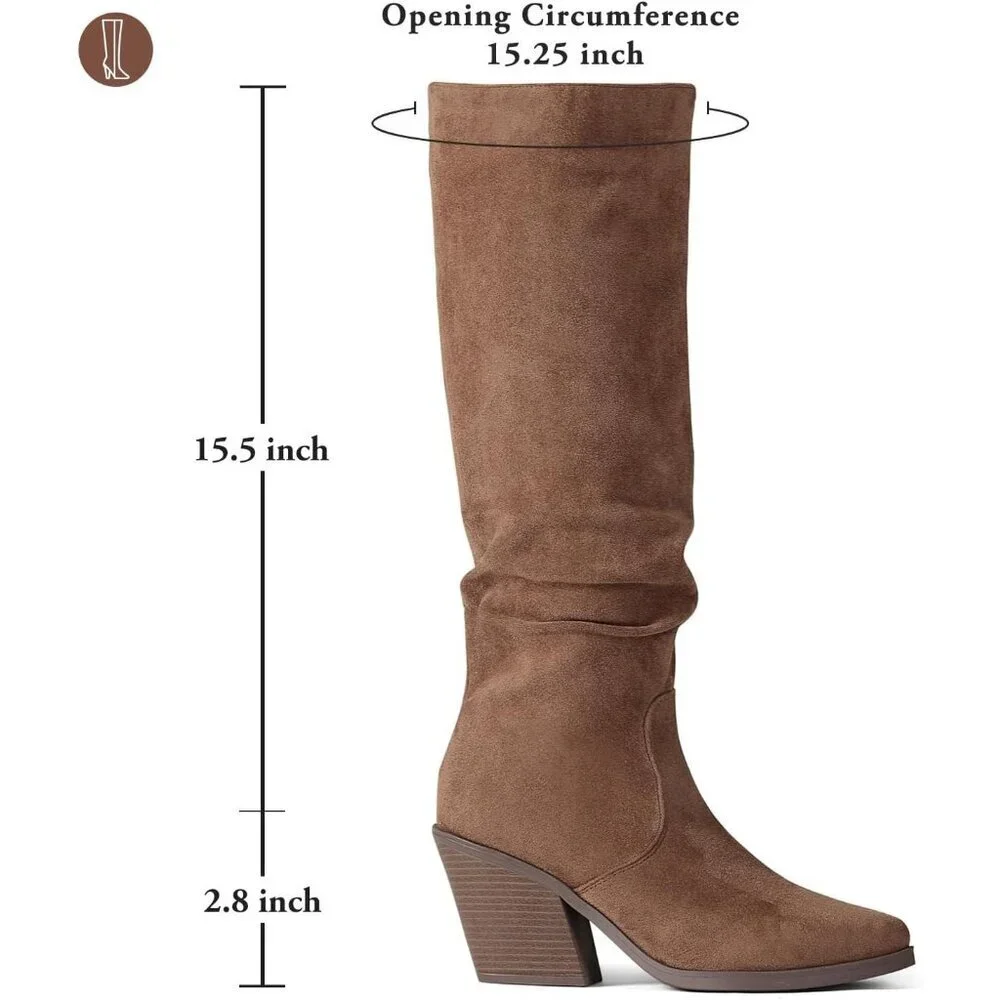 Women's Brown Faux Suede Chunky Heel Boots Side Zipper Slouchy Knee High Boots
